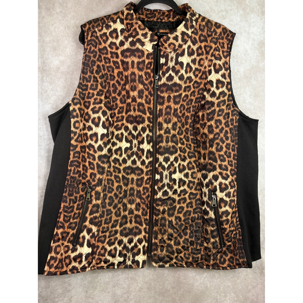 New Directions Curvy Vest Women 3X Brown Leopard Print Quilted Zip Mock Neck